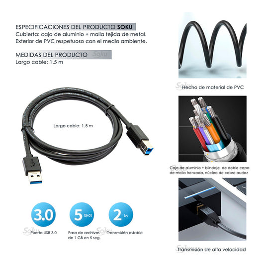 Cable Impresora Usb 3.0 A B Macho Universal Rapida 5g 1.5m