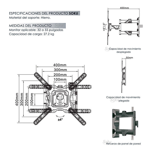 Soku Soporte Extra Firme Pantalla Tv 32 A 55 Brazo Uso Rudo