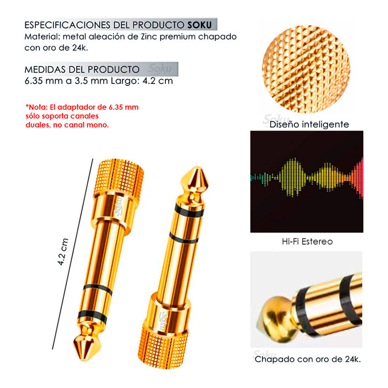 2 Adaptador Audio Estéreo Trs Jack 6.35 Macho A 3.5mm Hembra