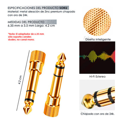 2 Adaptador Audio Estéreo Trs Jack 6.35 Macho A 3.5mm Hembra