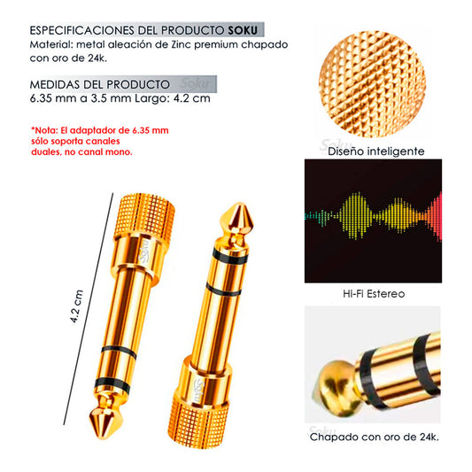 2 Adaptador Audio Estéreo Trs Jack 6.35 Macho A 3.5mm Hembra