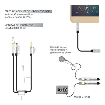 Soku Cable Divisor De Audio 3.5 Mm Mic Grabación Audifonos