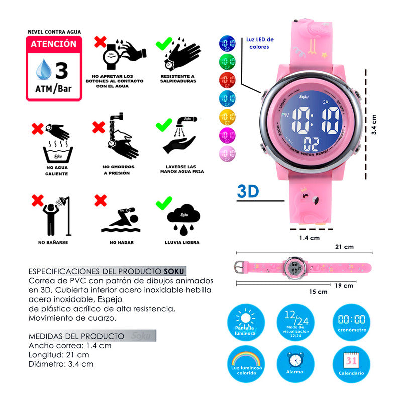 Reloj Infantil Caricaturas 3d Niña Kawaii Contra Agua Led