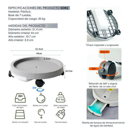 Soku Base Maceta Grande Movible Bandeja Agua Dura Vida
