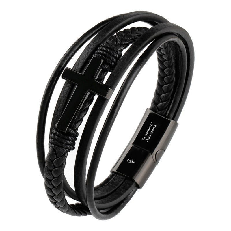 Soku Pulsera Cruz Personalizada Piel Acero Inoxidable