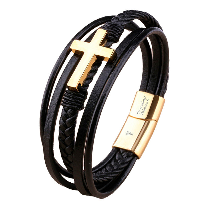 Soku Pulsera Cruz Personalizada Piel Acero Inoxidable
