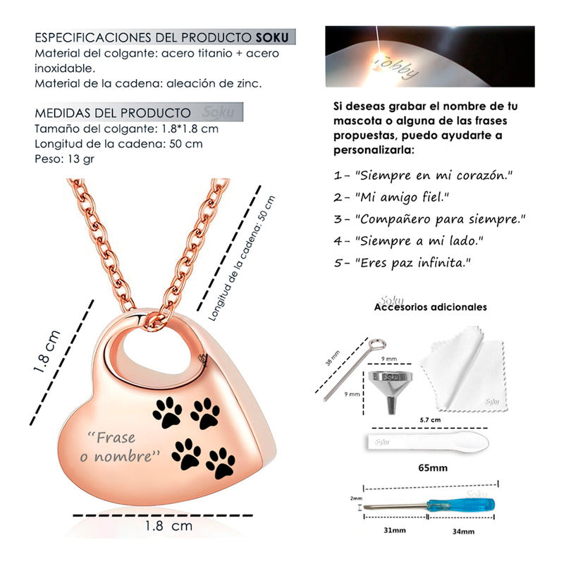 Soku Dije Personalizado Collar Cenizas Relicario Perro Gato