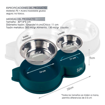 Tazon Doble Acero Inoxidable Perro Medio Y Gato Grande Soku