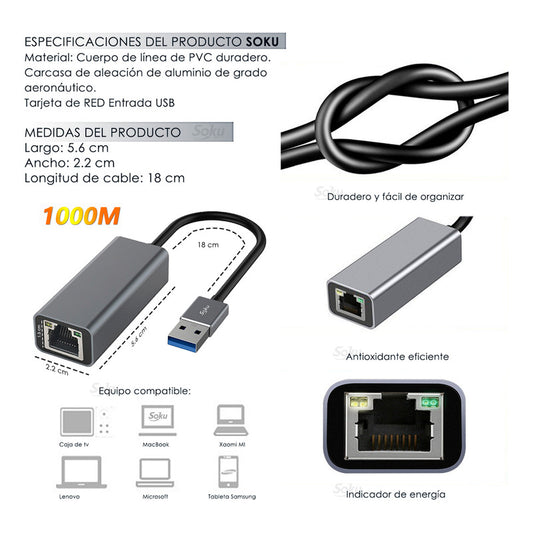 Adaptador Usb 3.0 Rj45 Ethernet Lan Red 1000 Mbps Velocidad