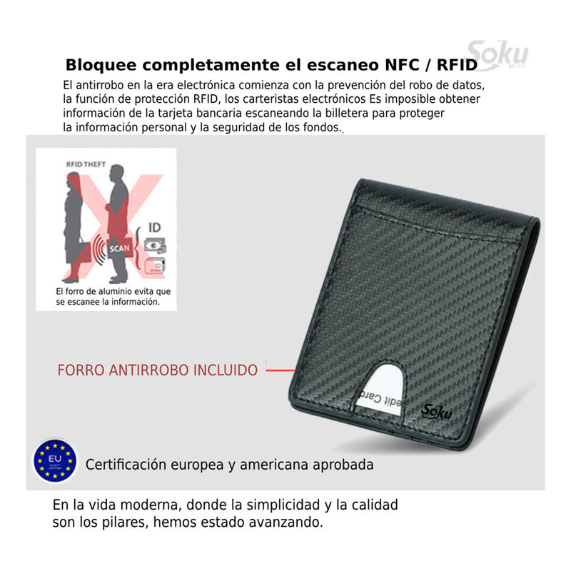 Cartera Billetera Fibra Carbono Antirrobo Clip Piel Genuina
