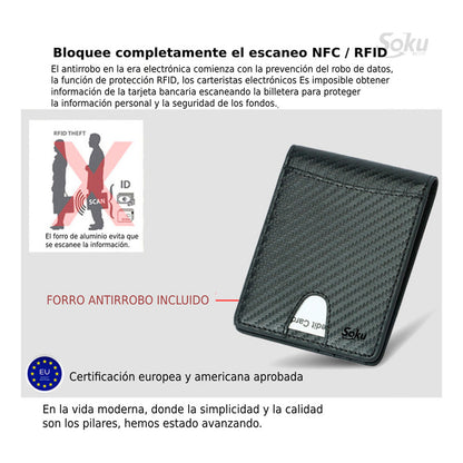 Cartera Billetera Fibra Carbono Antirrobo Clip Piel Genuina