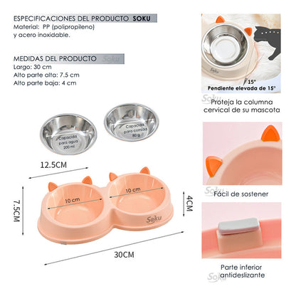 Soku Tazon Doble Elevado Acero Inoxidable Gato Seguro Feliz