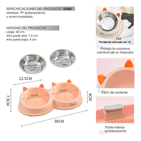Soku Tazon Doble Elevado Acero Inoxidable Gato Seguro Feliz