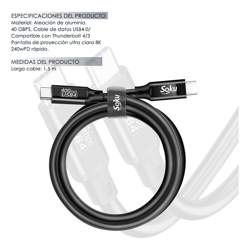 Soku Cable Usb 4.0 Tipo C Gamer 40gbps 8k Alta Gama 240w