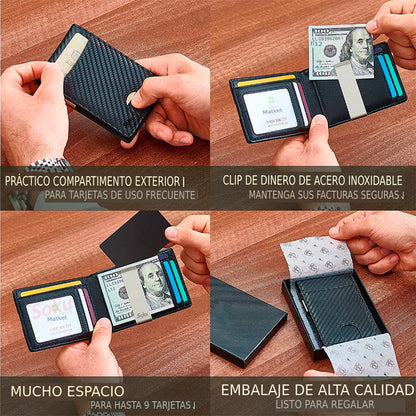 Cartera Billetera Fibra Carbono Antirrobo Clip Piel Genuina