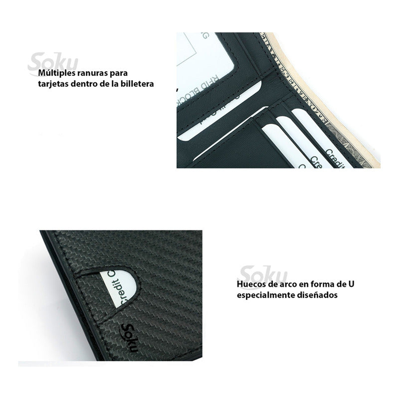 Cartera Billetera Fibra Carbono Antirrobo Piel Genuina Rfid