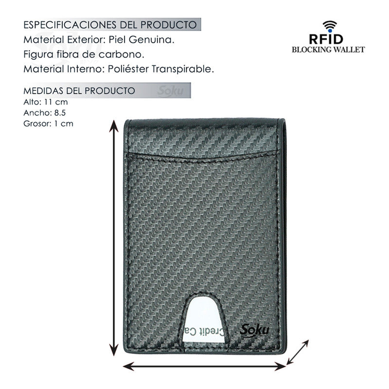 Cartera Billetera Fibra Carbono Antirrobo Clip Piel Genuina