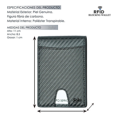 Cartera Billetera Fibra Carbono Antirrobo Clip Piel Genuina