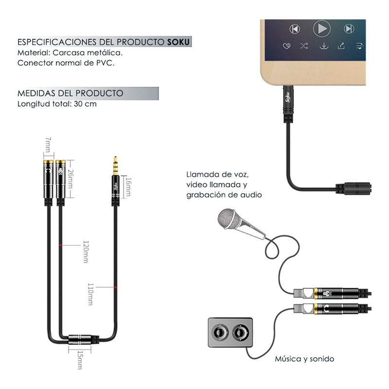 Soku Cable Divisor De Audio 3.5 Mm Mic Grabación Audifonos