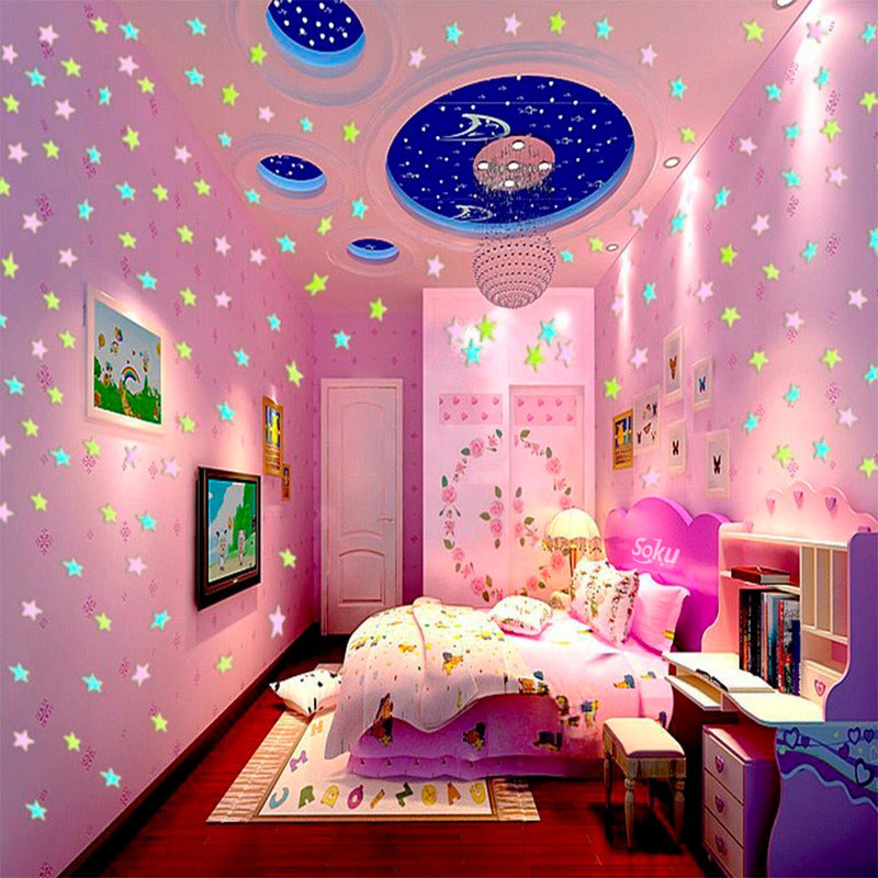 100 Estrellas Pared Stickers Neon Fosforescente Brilla Noche