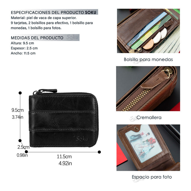 Soku Cartera Bloqueo Rfid Cierre Dura Piel Genuina Premium