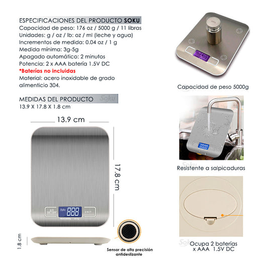 Bascula Cocina Acero Inoxidable Dieta Digital 5kg Calidad