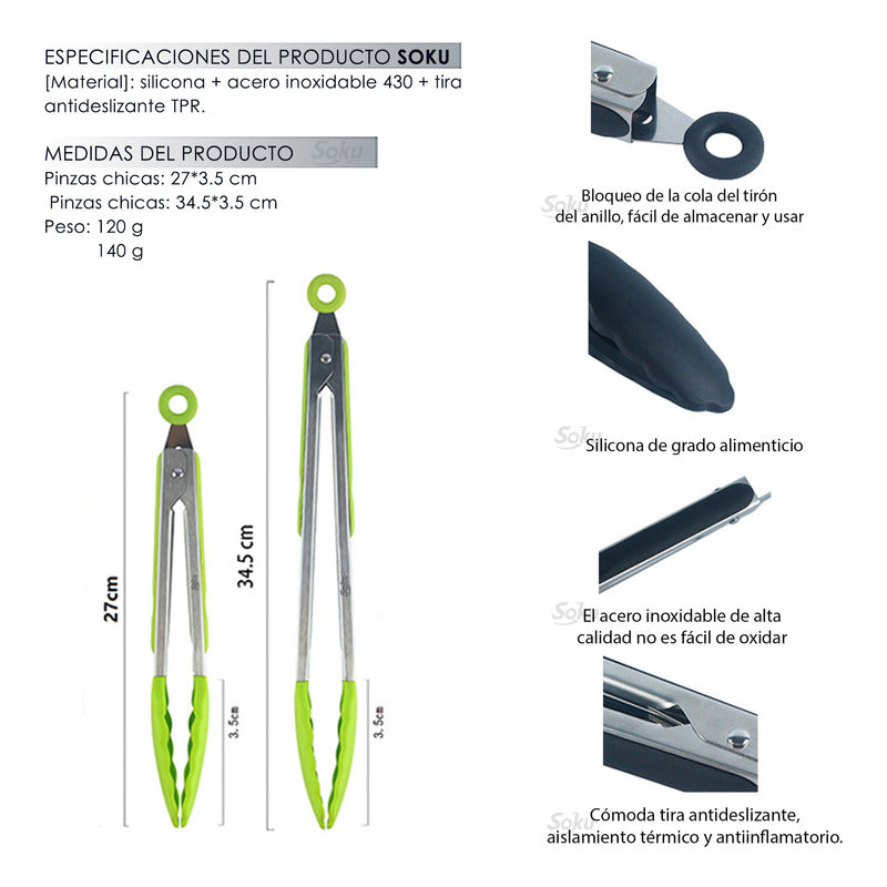 2 Tenazas Chef Acero Inoxidable Pinzas Silicona Pan Ensalada