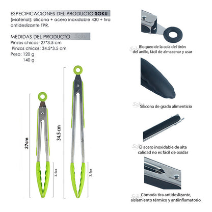 2 Tenazas Chef Acero Inoxidable Pinzas Silicona Pan Ensalada