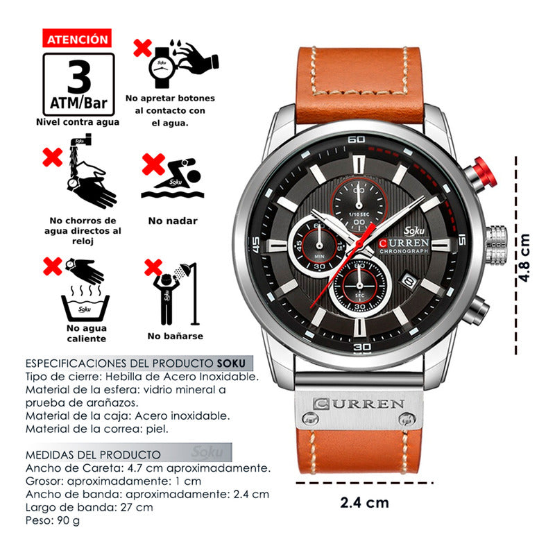 Reloj Cronometro Piel Real Acero Mov Japones Contra Agua Cu