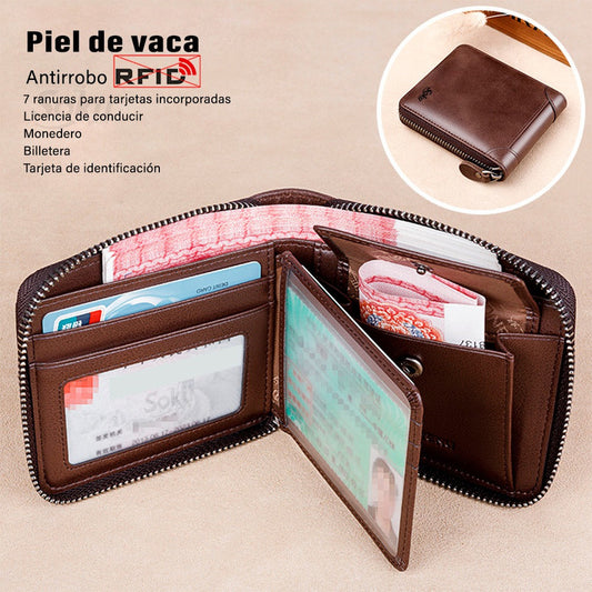 Cartera Zipper Tag Monedero Antirrobo Rfi Piel Premium Soku