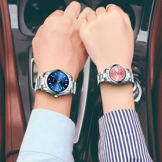 Duo Reloj Pareja Acero Inoxidable Contra Agua Estuche Cx