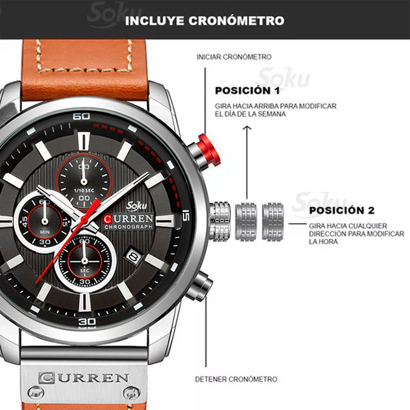 Reloj Cronometro Piel Real Acero Mov Japones Contra Agua Cu