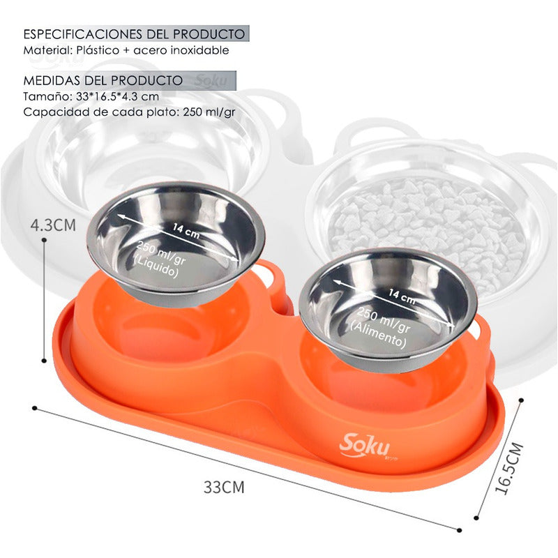Tazon Doble Plato Para Perro Antiderrapante Acero Inoxidable