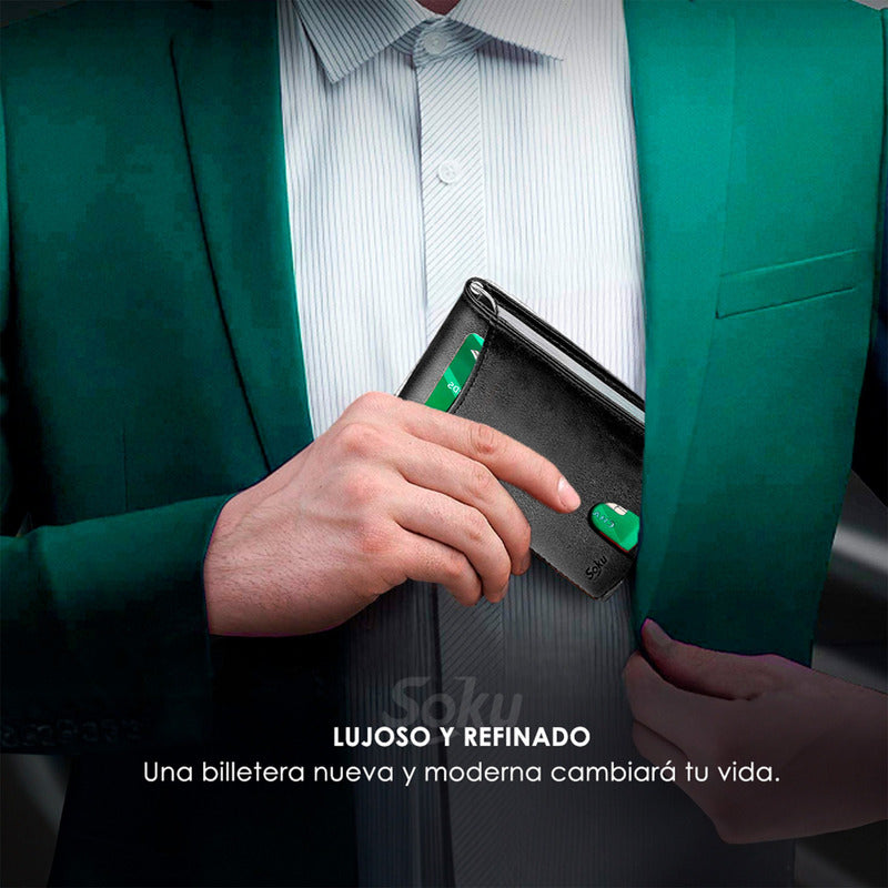 Billetera Cartera Fibra Carbono Antirrobo Clip Piel Genuina