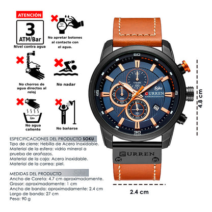 Reloj Cronometro Piel Real Acero Mov Japones Contra Agua Cu