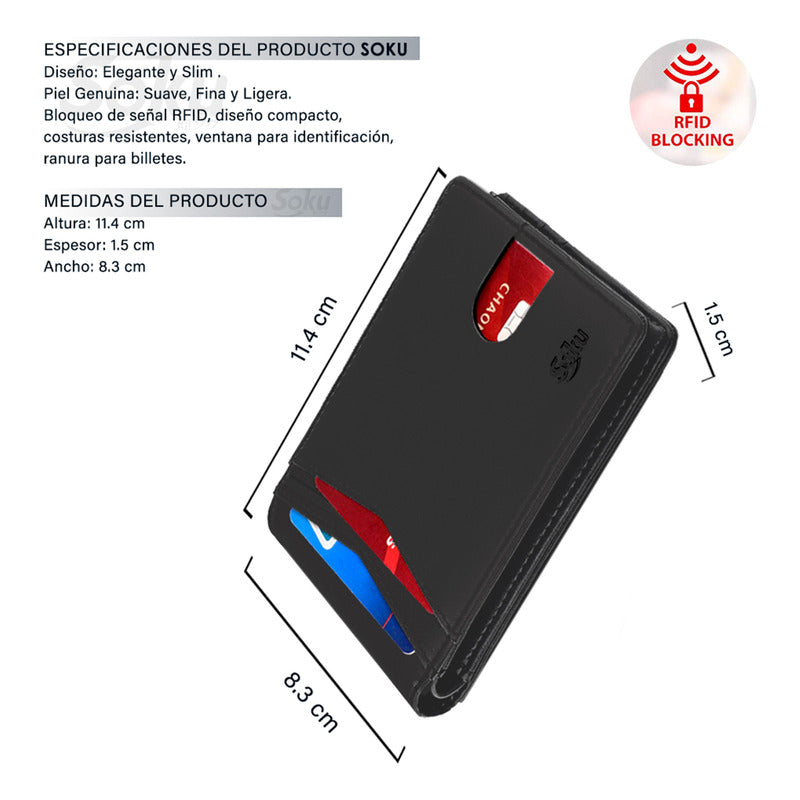 Cartera Billetera Slim Protección Rfid Piel Genuina Soku