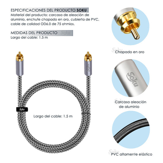 Soku Cable Audio Coaxial Rca A Rca Blindado Video Av Hifi