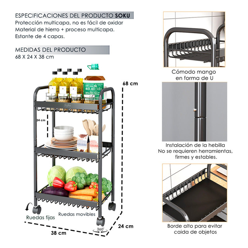Soku Carrito Multifuncional Baño 3 Niveles Acero Práctico