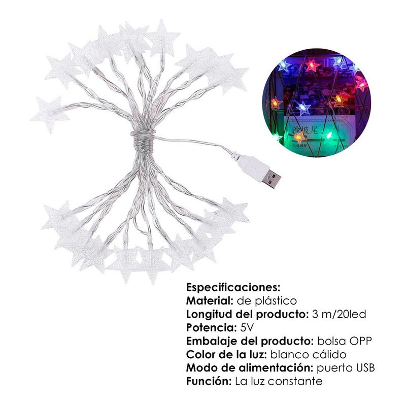 Usb Serie Luces Estrella Bodas Eventos Fiesta 20 Leds 3m