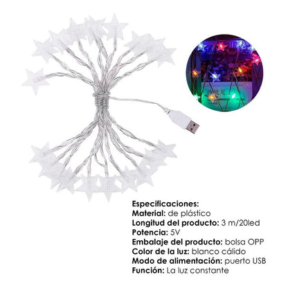 Usb Serie Luces Estrella Bodas Eventos Fiesta 20 Leds 3m
