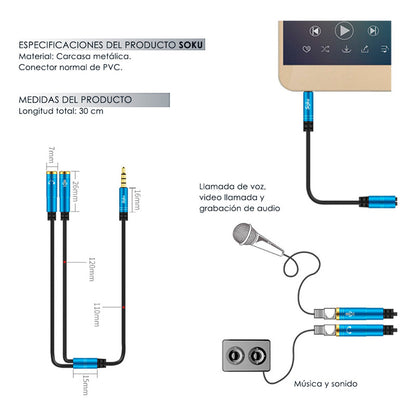 Soku Cable Divisor De Audio 3.5 Mm Mic Grabación Audifonos