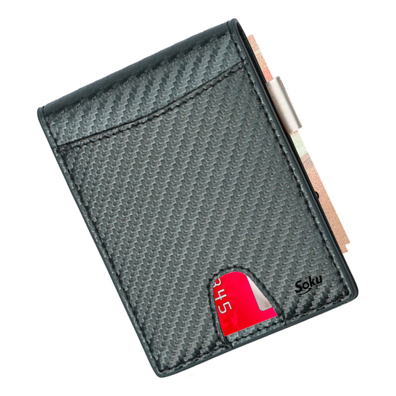 Cartera Billetera Fibra Carbono Antirrobo Clip Piel Genuina