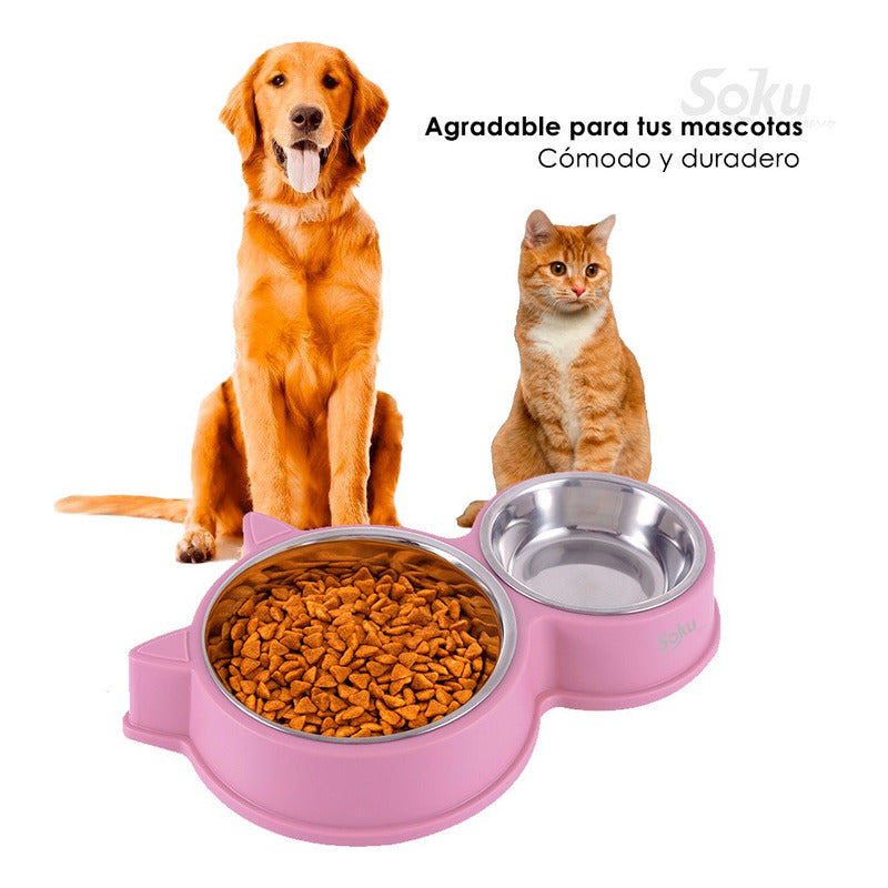 Tazon Doble Acero Inoxidable Perro Medio Y Gato Grande Soku