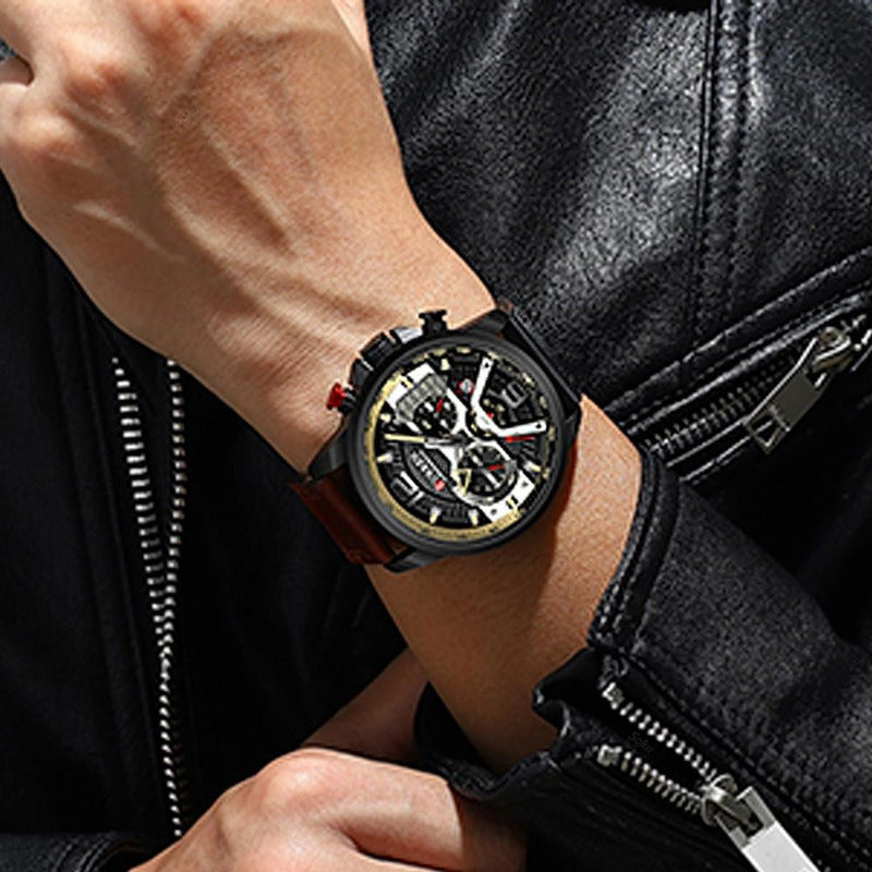 Reloj Cuero Lujo Cronometro Original Calendario Taquímetro C