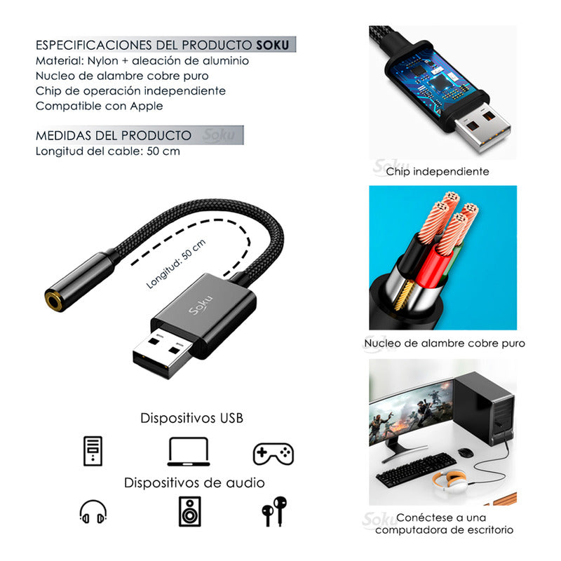 Adaptador Usb A 3.5mm Jack Hembra Con Tarjeta Sonido Externa