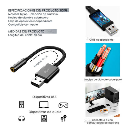 Adaptador Usb A 3.5mm Jack Hembra Con Tarjeta Sonido Externa