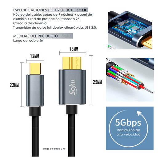 Soku Cable Usb Tipo C 3.0 A Micro B Datos Extra Rapido 5gbps