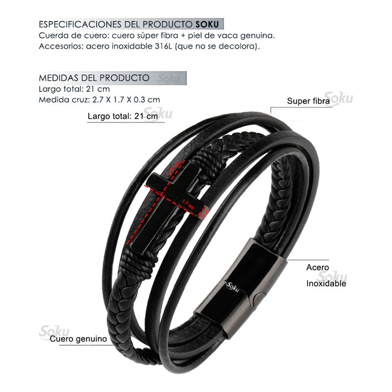 Soku Pulsera Cruz Personalizada Piel Acero Inoxidable