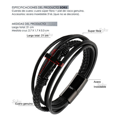 Soku Pulsera Cruz Personalizada Piel Acero Inoxidable