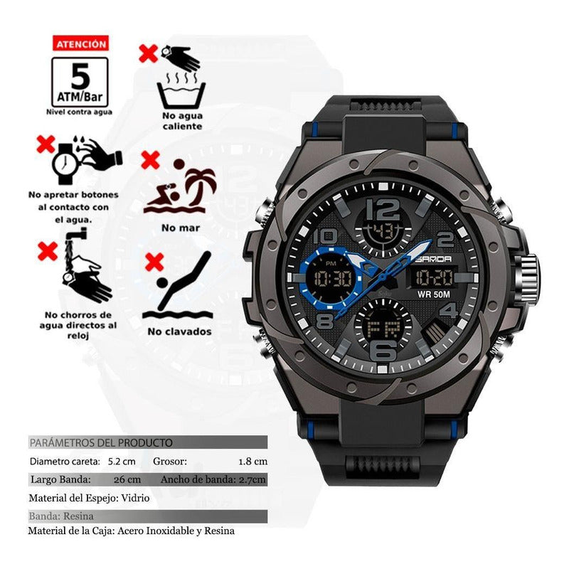 Reloj Dual Digital Led Militar Uso Rudo Contra Agua 5 Bar Sd